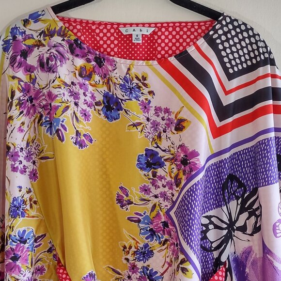 CAbi 100% Silk Scarf Top w/ Belt Kimono Style Polka Dot Floral Artsy Size Small - Picture 5 of 14